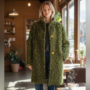 Size L Maralyce Ferree Scarborough Maine popcorn/loop knit cardigan olive green